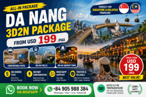 Book Da Nang 3D2N package from Singapore & Malaysia. Hotel, Ba Na Hills & Hoi An included. No hidden fees. Instant WhatsApp confirmation. Price from USD199. +84905988384
