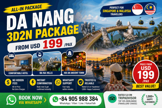 Book Da Nang 3D2N package from Singapore & Malaysia. Hotel, Ba Na Hills & Hoi An included. No hidden fees. Instant WhatsApp confirmation. Price from USD199. +84905988384