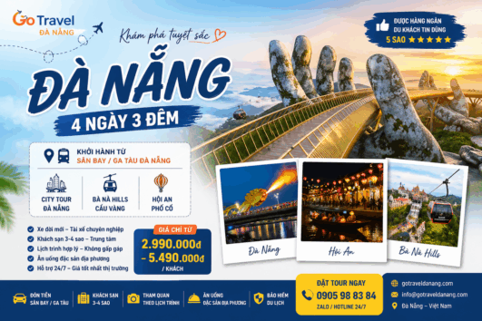 Khám phá Đà Nẵng 4N3Đ trọn gói: Bà Nà Hills, Cầu Vàng, Hội An, City Tour. Đón sân bay/ga tàu, khách sạn 3–4 sao, giá từ 2.990.000đ. Đặt ngay hôm nay!